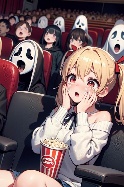 (((masterpiece))), (((best quality))), (((big screen))), (((side face))), (((scream movie))), (((huge ghostface))), (((crowd))), ((hand on own face)), ((3girls snuggle up)), ((cinema seating)), ((scared)), ((crying with eyes open)), ((off-the-shoulder sweater)), cocacola, disposable cup, popcorn, stairs, night, open mouth, 1girl, big tits, blonde twintails, ribbon, sweat, shy, blush, slim figure, <lora:girllikescreammovie:0.8>