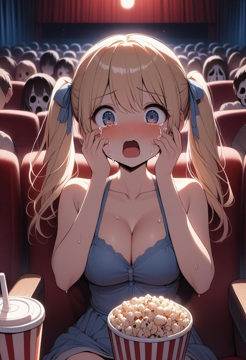 (((masterpiece))), (((best quality))), (((side face))), (((horror movie))), (((crowd))), ((big screen)), ((hands on own face)), ((cinema seating)), scared, crying with eyes open, cocacola, disposable cup, popcorn, plaid jacket, stairs, night, open mouth, 1girl, collarbone, cleavage, big tits, blonde twintails, ribbon, sweat, shy, blush, slim figure, <lora:girllikehorrormovie_sdxl:0.8>