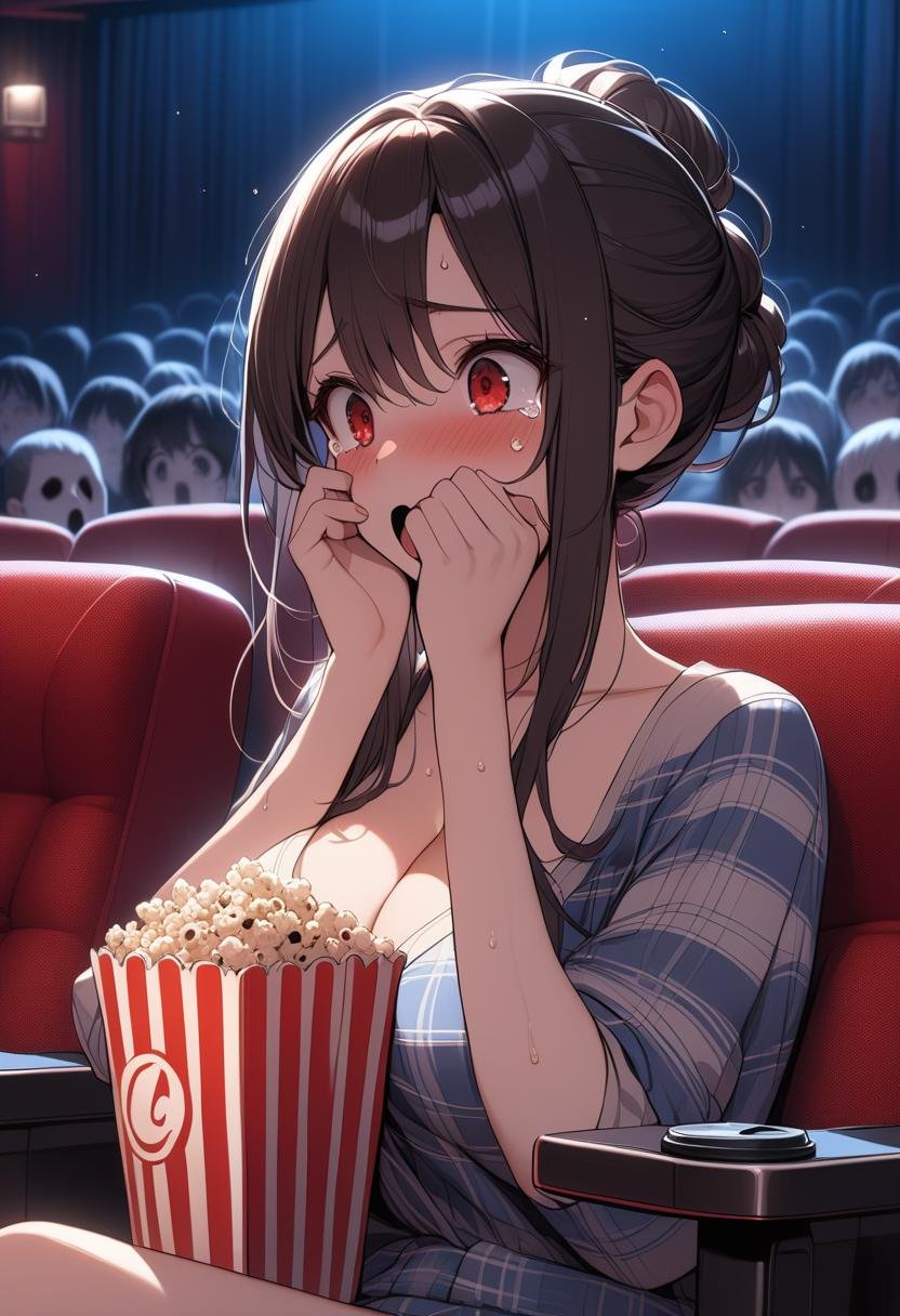 (((masterpiece))), (((best quality))), (((from side))), (((horror movie))), (((crowd))), ((big screen)), ((hands on own face)), ((cinema seating)), scared, crying with eyes open, cocacola, disposable cup, popcorn, plaid jacket, stairs, night, open mouth, 1girl, collarbone, cleavage, big tits, black hair, updo, long hair, ribbon, sweat, shy, blush, slim figure, <lora:girllikehorrormovie_sdxl:0.8>