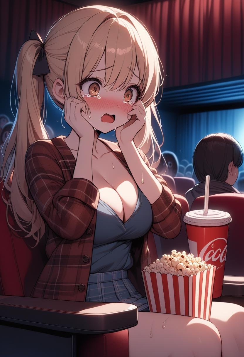 (((masterpiece))), (((best quality))), (((side face))), (((horror movie))), (((crowd))), ((big screen)), ((hands on own face)), ((cinema seating)), scared, crying with eyes open, cocacola, disposable cup, popcorn, plaid jacket, stairs, night, open mouth, 1girl, collarbone, cleavage, big tits, blonde twintails, ribbon, sweat, shy, blush, slim figure, <lora:girllikehorrormovie_sdxl:0.8>