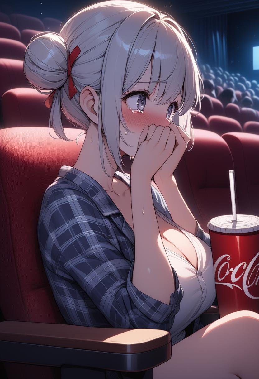 (((masterpiece))), (((best quality))), (((from side))), (((horror movie))), (((crowd))), ((big screen)), ((hands on own face)), ((cinema seating)), scared, crying with eyes open, cocacola, disposable cup, popcorn, plaid jacket, stairs, night, open mouth, 1girl, collarbone, cleavage, big tits, silver hair, twin bun hair, ribbon, sweat, shy, blush, slim figure, <lora:girllikehorrormovie_sdxl:0.8>