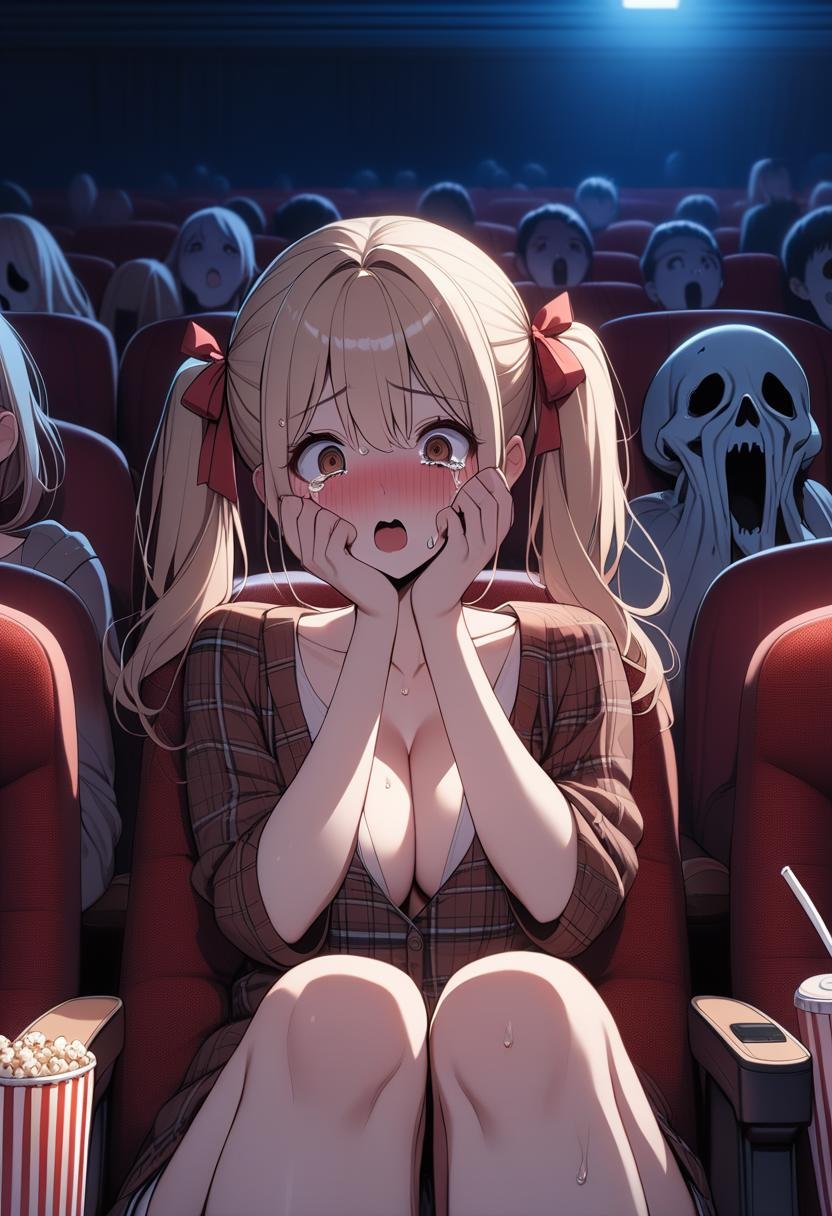 (((masterpiece))), (((best quality))), (((side face))), (((horror movie))), (((crowd))), ((big screen)), ((hands on own face)), ((cinema seating)), scared, crying with eyes open, cocacola, disposable cup, popcorn, plaid jacket, stairs, night, open mouth, 1girl, collarbone, cleavage, big tits, blonde twintails, ribbon, sweat, shy, blush, slim figure, <lora:girllikehorrormovie_sdxl:0.8>