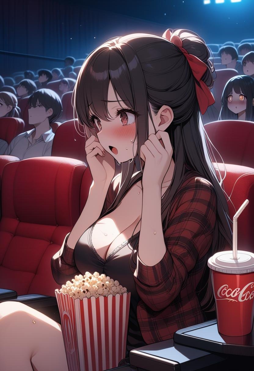 (((masterpiece))), (((best quality))), (((from side))), (((horror movie))), (((crowd))), ((big screen)), ((hands on own face)), ((cinema seating)), scared, crying with eyes open, cocacola, disposable cup, popcorn, plaid jacket, stairs, night, open mouth, 1girl, collarbone, cleavage, big tits, black hair, updo, long hair, ribbon, sweat, shy, blush, slim figure, <lora:girllikehorrormovie_sdxl:0.8>