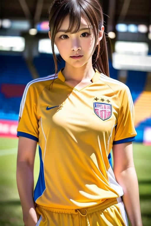 best quality, masterpiece,  Surrealism, super detail, UHD,ultra high res,realistic,RAW photo,  (photorealistic:1.4), shot by DSLR,sharp focus, depth of field, cinematic lighting, soft light, 1girl, the, looking at viewer,half body, (soccer uniform),yellow shirt, blue halfpants, yellow socks, soccer stadiumspouse,