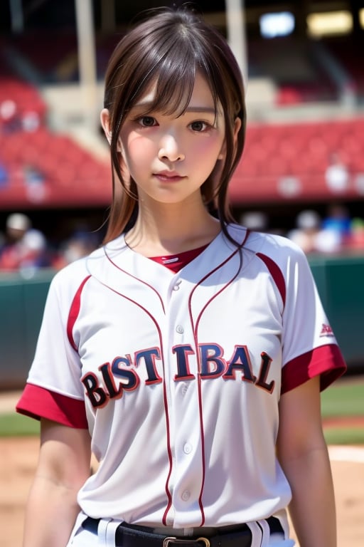 best quality, masterpiece,  Surrealism, super detail, UHD,ultra high res,realistic,RAW photo,  (photorealistic:1.4), shot by DSLR,sharp focus, depth of field, cinematic lighting, soft light, 1girl, the, looking at viewer,upper body, (white and dark red baseball uniform),spouse,baseball Ground