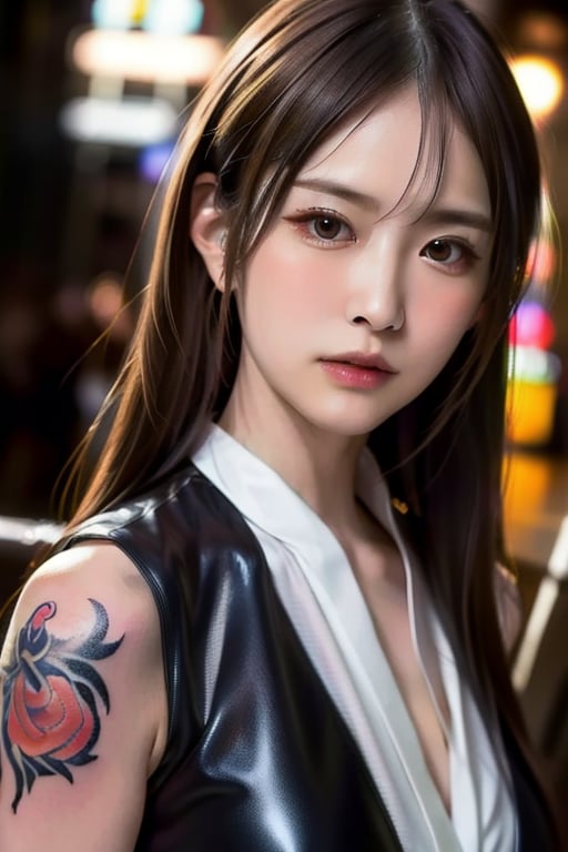 Finest, masterpiece, 8K, beauty, Japanese woman, angry,((tattoo)), black leather pants, black leather vest, female mafia, cyberpunk city, night,charlottems, gloves,  REALISTIC
16k,((best quality)),( masterpiece)), wide shooting angle, portrait, beautiful woman, long hair, facial details, big breasts, walking, facing the viewer, background,realistic, (highly detailed), depth of field, (intricate detailocused lighting, sharp, hdr, smooth hd,masterpiece,realism, (realistic:1.4), ((upper body:1.4)),(Raw photo:1.4),best quality,full body,(photorealistic：1.2),spouse