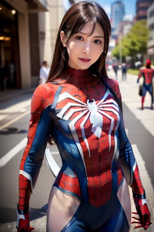 best quality, masterpiece,  Surrealism, super detail, UHD,ultra high res,realistic,RAW photo,  (photorealistic:1.4), shot by DSLR,sharp focus, depth of field, cinematic lighting, soft light, (1girl:1.3), the, looking at viewer,cowboy_shot , (Spiderman costume with futuristic design:1.2),spouse,spideyadv2,dynamic pose,spiderman pose,wearing spiderwoman_cosplay_outfit,beautiful girl,