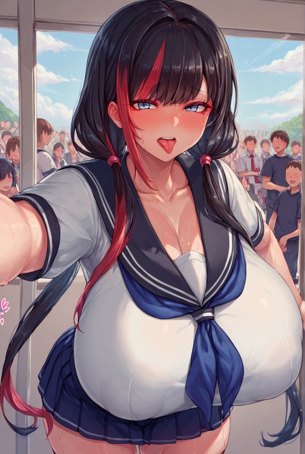 masterpiece, best quality, high resolution, beautiful, erotic pose, score_9_up, score_8_up, score_7_up, source anime. 1 girl, huge chest, huge breasts, gigantic areola, multi colored hair, black hair, red locks, twintails, low-tied, looking at viewer, seductive face, sticking out tongue, blushing, sweat, black sailor fuku, skirt black, school, window, crowd of people,