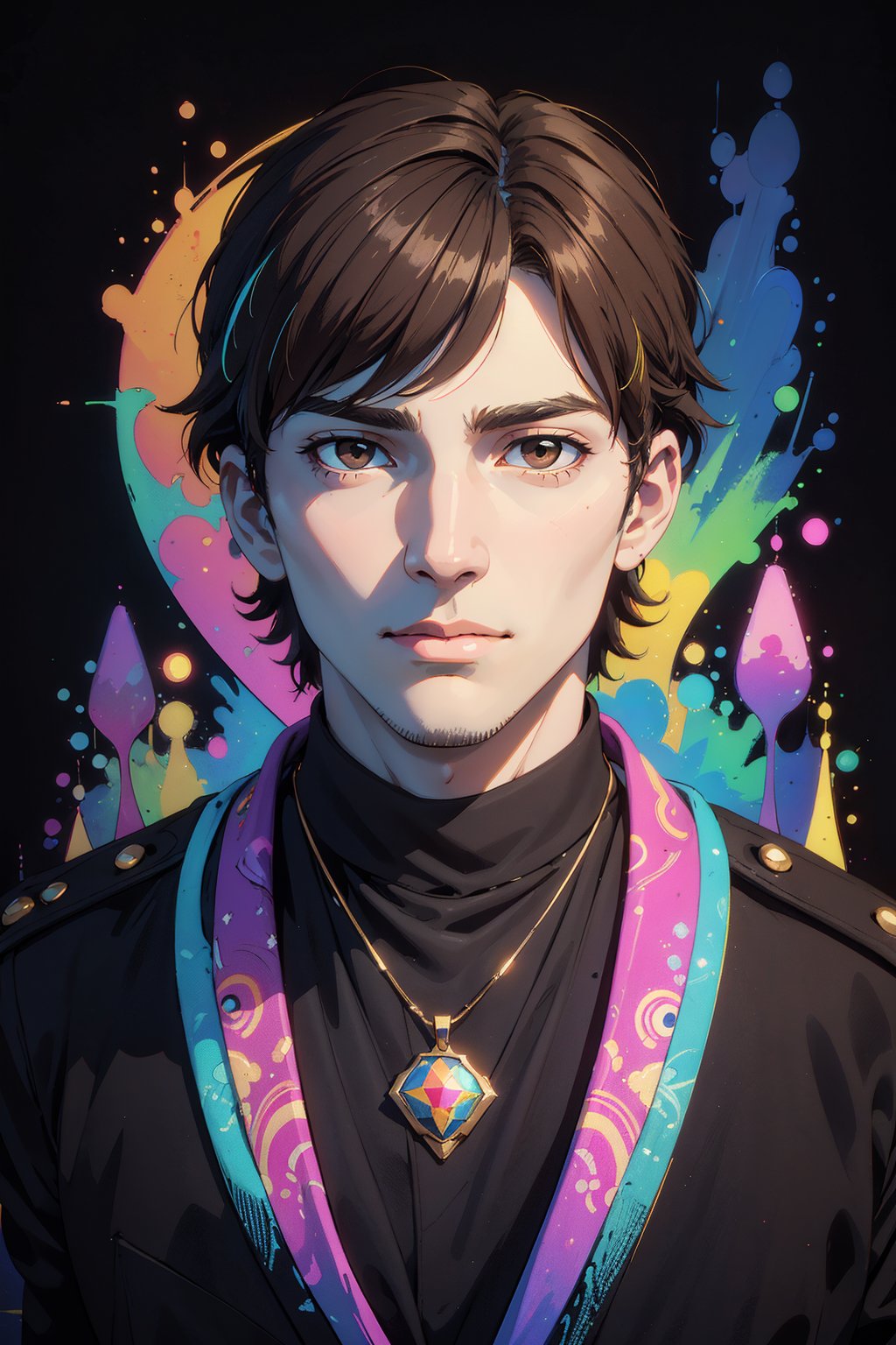 1boy, solo, Tex, oil painting, impasto, looking at viewer, a handsome man, 30 years old, short brown hair, brown eyes, tribal necklace. he wears a black uniform with white elements. ((psychedelic full_color background)), masterpiece, nijistyle, niji, ,sciamano240, soft shading, fantasy, Tex