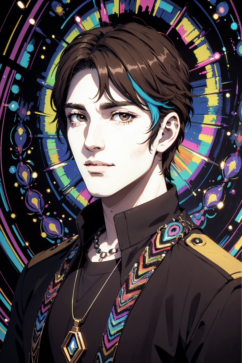 1boy, solo, Tex, oil painting, impasto, looking at viewer, a handsome man, 30 years old, short brown hair, brown eyes, tribal necklace. he wears a black uniform with white elements. ((psychedelic full_color background)), masterpiece, nijistyle, niji, ,sciamano240, soft shading, fantasy, Tex