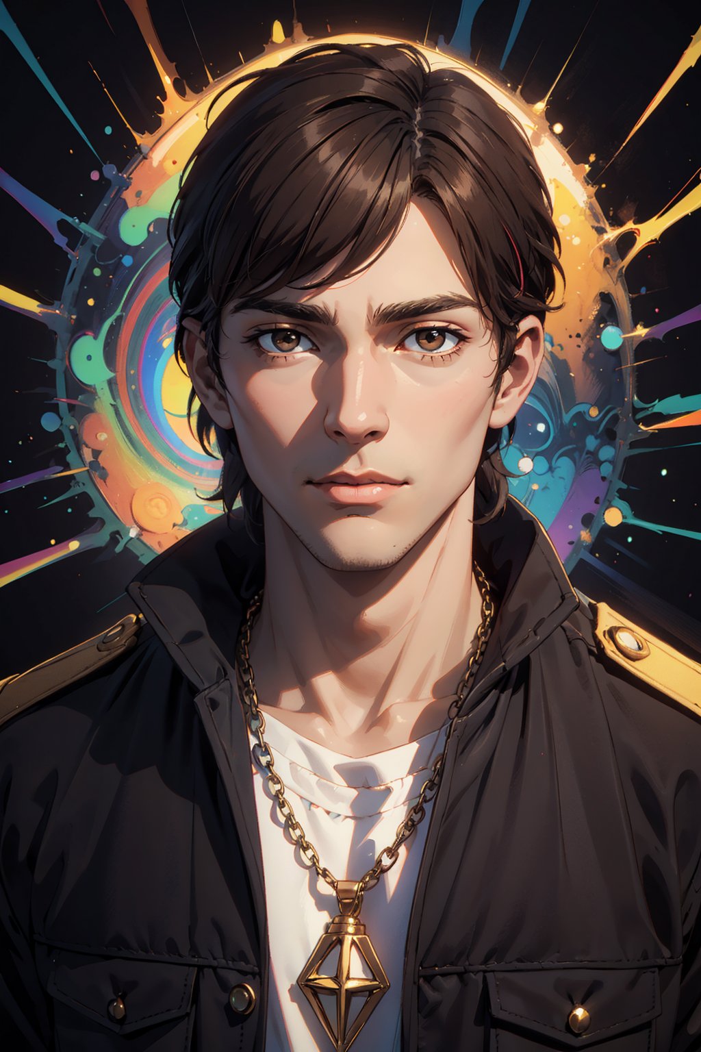 1boy, solo, Tex, oil painting, impasto, looking at viewer, a handsome man, 30 years old, short brown hair, brown eyes, tanned skin, tribal necklace. he wears a black uniform with white elements. ((psychedelic full_color background)), masterpiece, nijistyle, niji, ,sciamano240, soft shading, fantasy, Tex