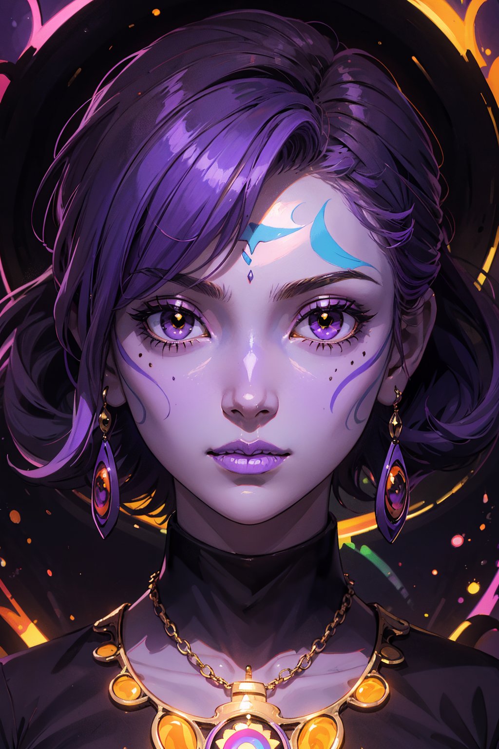 1girl, solo, krolia, oil painting, impasto, looking at viewer, a beautiiful alien woman, 34 years old, short purple hair, yellow eyes, ((purple skin)), tribal necklace. she wears a black uniform with orange elements. ((psychedelic full_color background)), masterpiece, nijistyle, niji, ,sciamano240, soft shading, fantasy,1girl, Krolia