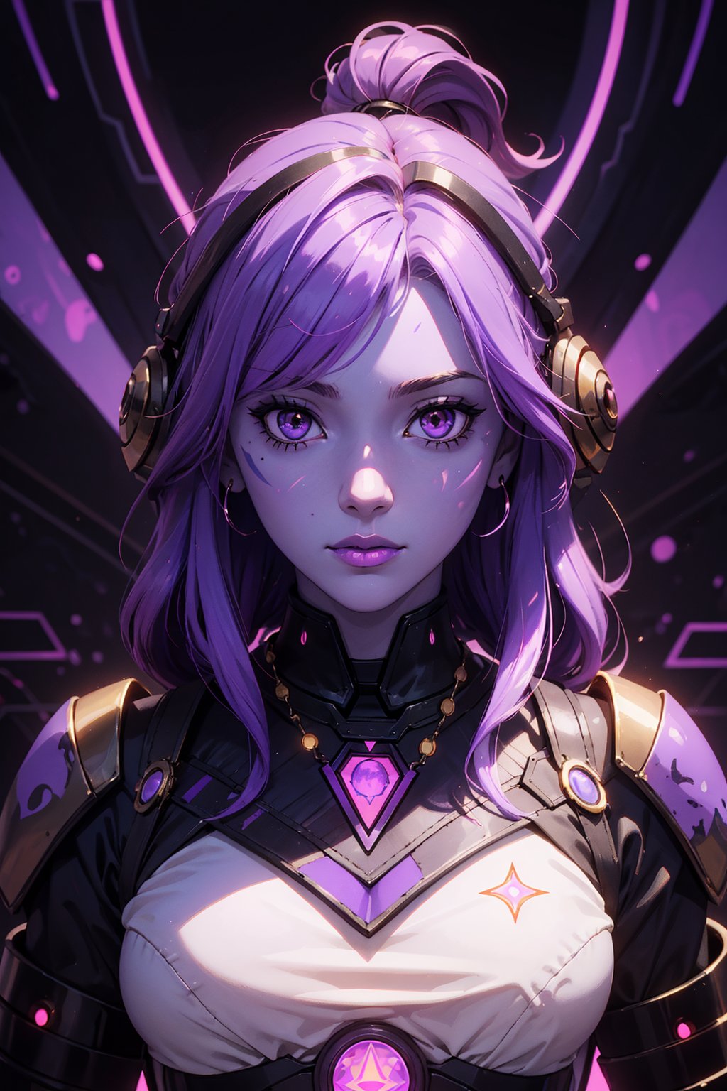 1girl, solo, krolia, oil painting, impasto, looking at viewer, a beautiiful alien woman, 34 years old, short purple and pink hair, yellow eyes, ((purple skin)), tribal necklace. she wears a black cybernetic armor. ((psychedelic full_color background)), masterpiece, nijistyle, niji, ,sciamano240, soft shading, fantasy,1girl, Krolia