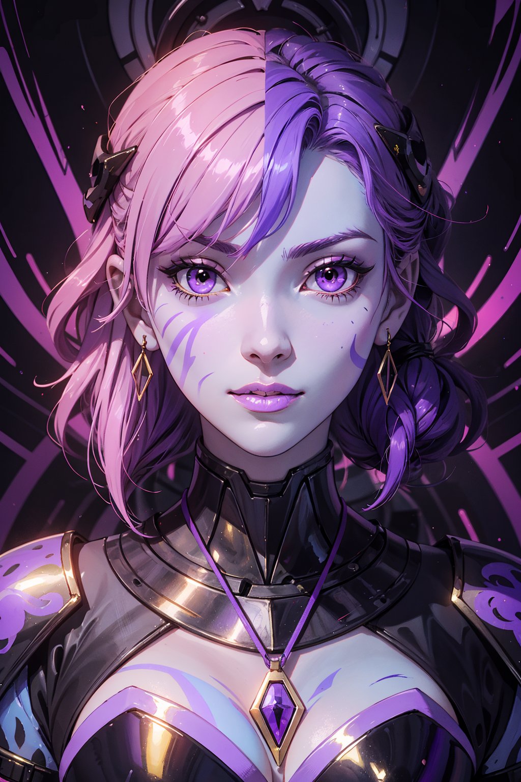 1girl, solo, krolia, oil painting, impasto, looking at viewer, a beautiiful alien woman, 34 years old, short purple and pink hair, yellow eyes, ((purple skin)), tribal necklace. she wears a black cybernetic armor. ((psychedelic full_color background)), masterpiece, nijistyle, niji, ,sciamano240, soft shading, fantasy,1girl, Krolia