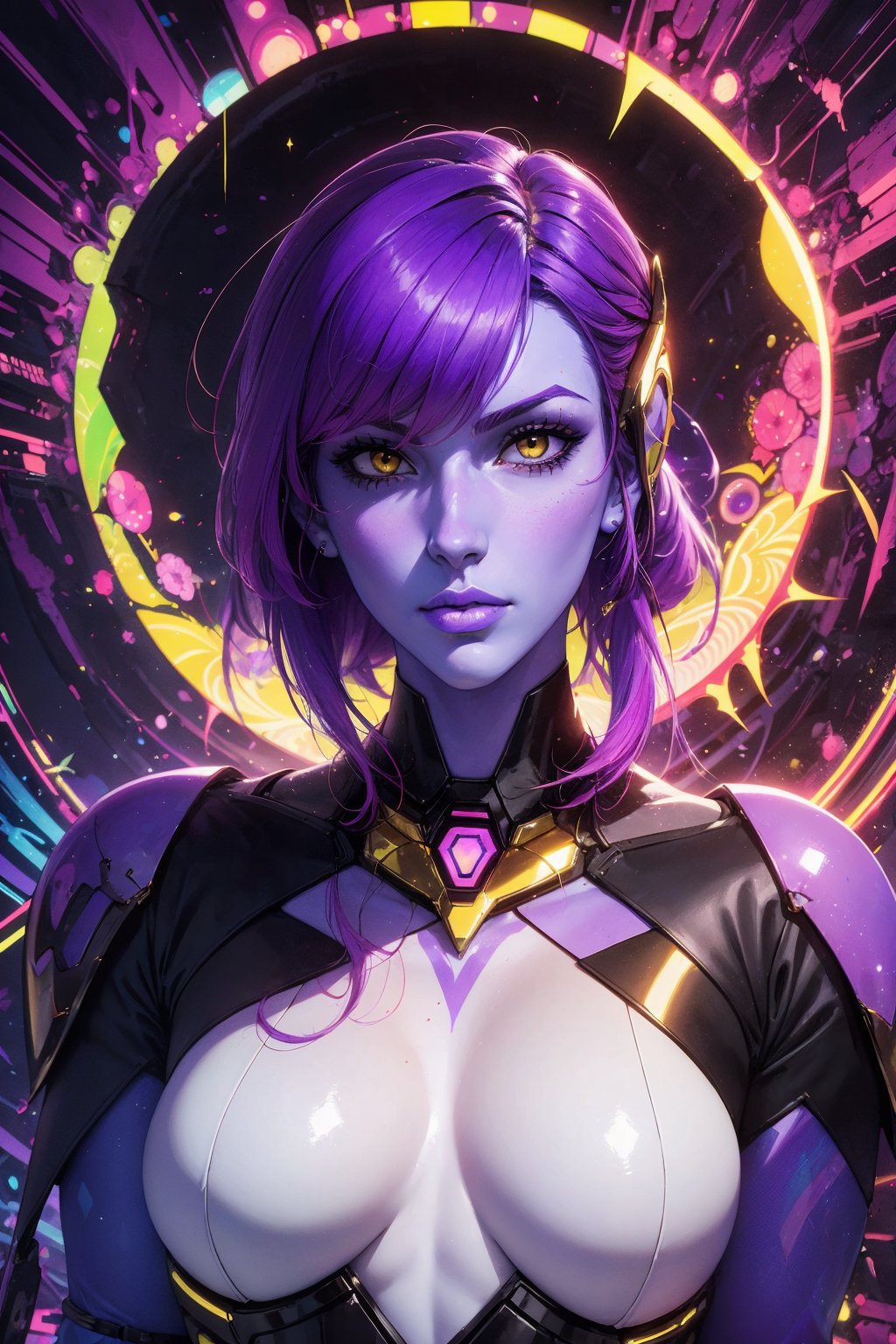 1girl, solo, krolia, oil painting, impasto, looking at viewer, Krolia is a beautiiful alien woman, 34 years old, short purple, pink hair, yellow eyes, ((purple skin)), athletic body. she wears a black cybernetic armor. ((psychedelic full_color background)), masterpiece, nijistyle, niji, ,sciamano240, soft shading, fantasy,1girl, Krolia,detailed