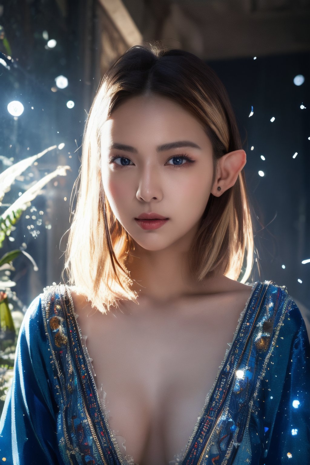 1 girl, normal chest, look at viewer, face portrait, elf, short elf ear, silky skin,surreal photography of a stunningly beautiful, blonde hair, blue eyes, intricate detailed, glowing, highly detailed, masterpiece, light particle, colourful light particles, concept art, 8 k,1girl navia, perfect split lighting,mumu