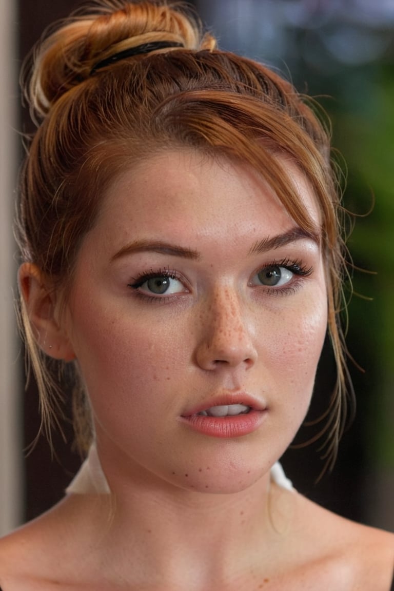 glasses, Sharp Focus, ohwx woman, freckles, her expression is sexy with parted lips, tied in a bun, (close-up:0.8), low key lighting, shot on Lumix GH5, cinematic bokeh, lace choker, (simple background:1.2), teasing, detailed skin