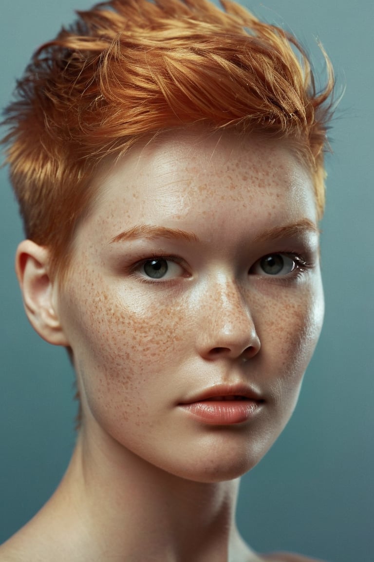 Delve into the modern essence of beauty with this photography series featuring a 20-year-old ohwx woman with a hi-top fade hairstyle. Set against a backdrop of muted colors and soothing tones, her orange hair locks stand out as a symbol of individuality and confidence. The dark theme adds depth and drama to each image, while the high contrast creates a sense of visual tension and dynamism. With natural skin texture rendered in hyperrealism, the soft light gently illuminates her features, evoking a sense of intimacy and authenticity in the portraits. Enhanced by double exposure manipulation, this photography series takes on an artistic dimension, blending elements of surrealism and modern aesthetics. Each image is transformed into a visual masterpiece, where the subject's essence intertwines with the surrounding environment in a captivating display of creativity and imagination. Explore the intersection of beauty and artistry in this unique and compelling portrait series.