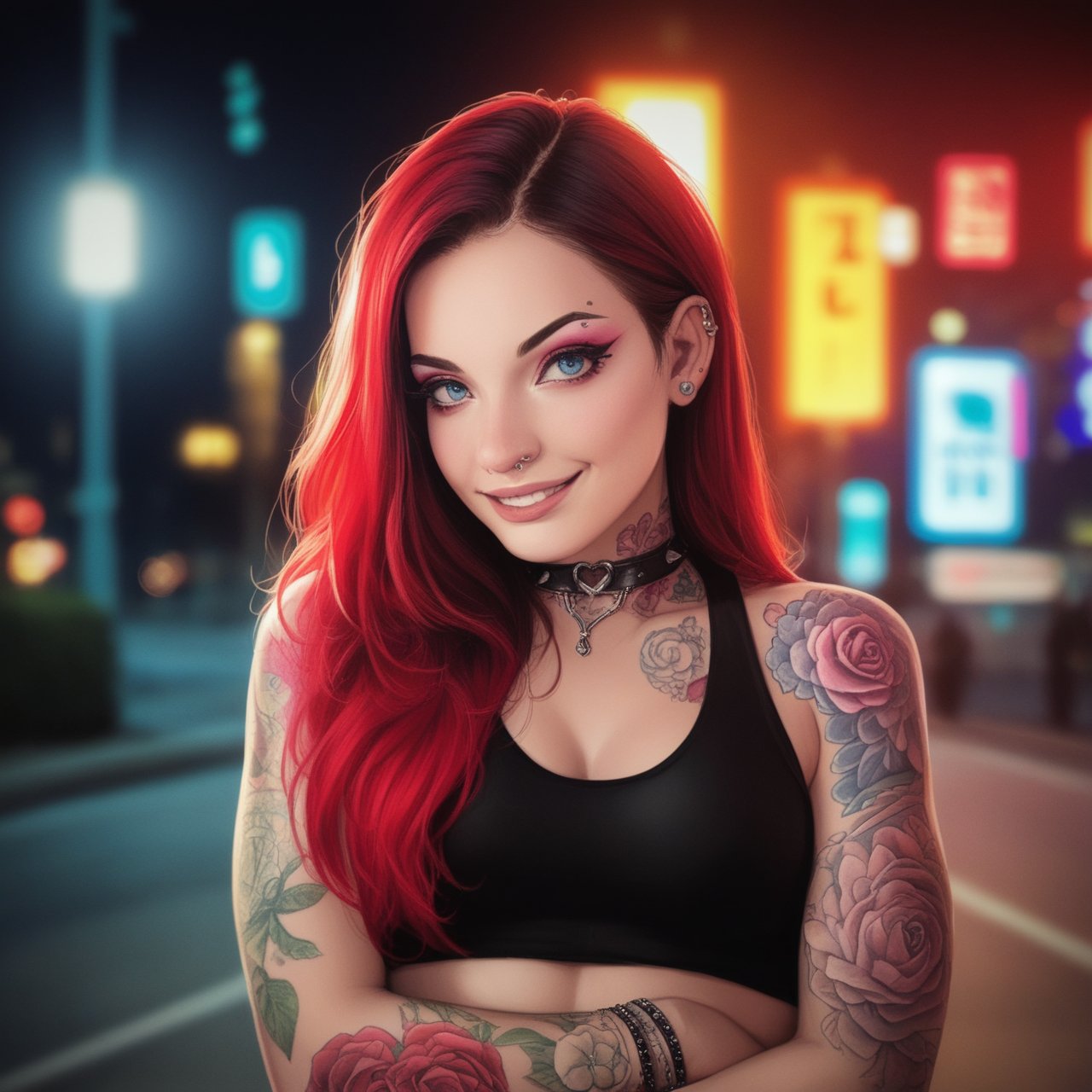 score_9,score_8_up, score_7_up, score_6_up, score_5_up, score_4_up,1girl,makeup,long red hair, (((colorful tattoos , piercings))), egirl,solo, looking at viewer,, blue eyes, seductive smile, slim athletic physique, photo from waist up, gritty urban urban setting at night, bokeh,pink-emo, hyper realism, photo realistic, 8k, digital slr, vibrant colors 