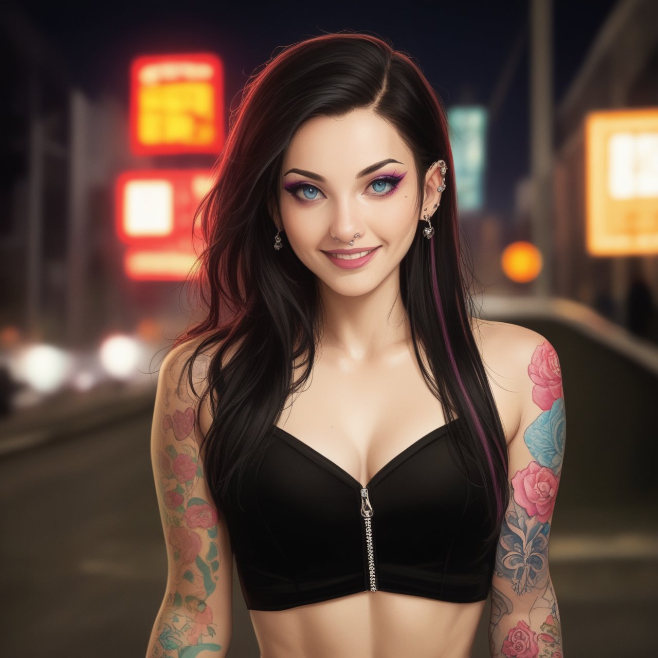 score_9,score_8_up, score_7_up, score_6_up, score_5_up, score_4_up,1girl,makeup,long black hair, (((colorful tattoos , piercings))), egirl,solo, looking at viewer,, blue eyes, seductive smile, slim athletic physique, photo from waist up, gritty urban urban setting at night, bokeh,pink-emo, hyper realism, photo realistic, 8k, digital slr, vibrant colors 