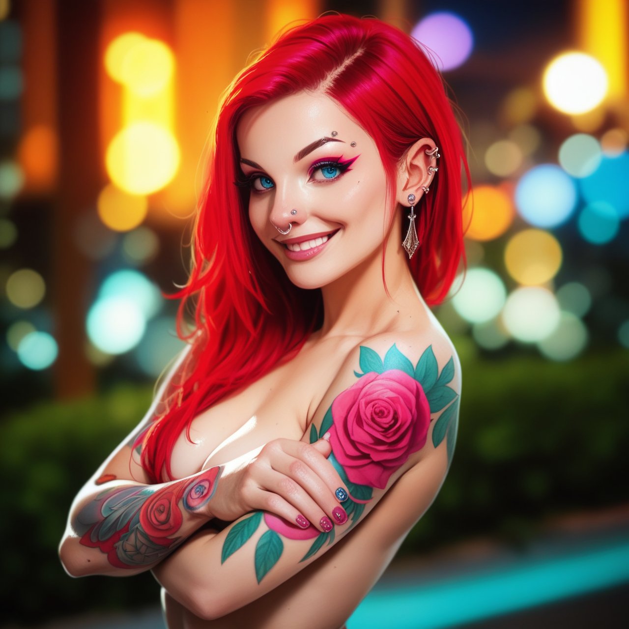 score_9,score_8_up, score_7_up, score_6_up, score_5_up, score_4_up,1girl,makeup,long red hair, (((colorful tattoos , piercings))), egirl,solo, looking at viewer,, blue eyes, seductive smile, slim athletic physique,, gritty urban urban setting at night, bokeh,pink-emo, hyper realism, photo realistic, 8k, digital slr, vibrant colors 