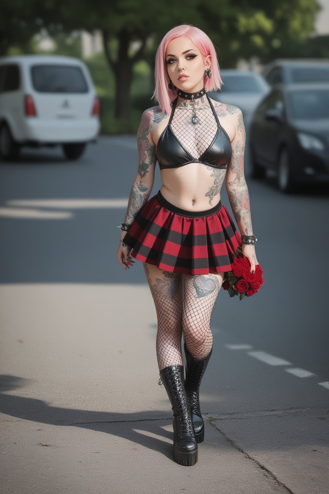 score_9,score_8_up, score_7_up, score_6_up, score_5_up, score_4_up,hyper realism, photo realistic, 8k, digital slr, 1girl, pink-emo, ((tattoos, piercings)), fishnet top, skirt, black bikini, parted lips, blood, bouquet, nipples, full body, leg tattoo, fishnets,bokeh,pink-emo, model photo from waist up, goth, egirl, emo