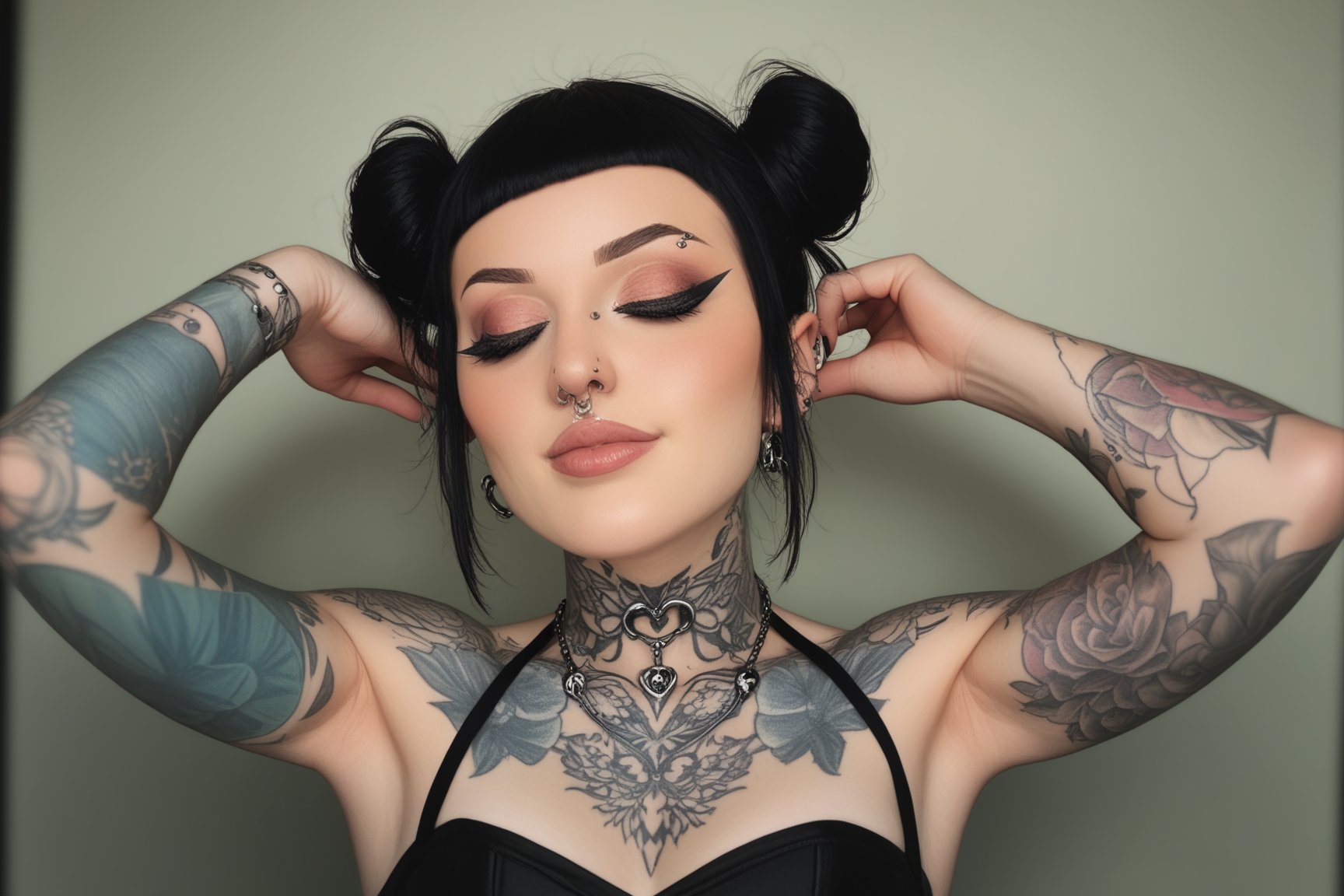 score_9,score_8_up, score_7_up, score_6_up, score_5_up, score_4_up,hyper realism, photo realistic, 8k, digital slr, 1girl, pink-emo, (((tattoos, piercings))), striped, chest tattoo, breasts, butterfly, piercing, gothic, closed eyes, head rest, , double bun, gritty urban backdrop, bokeh,pink-emo, model photo from waist up, goth, egirl, emo