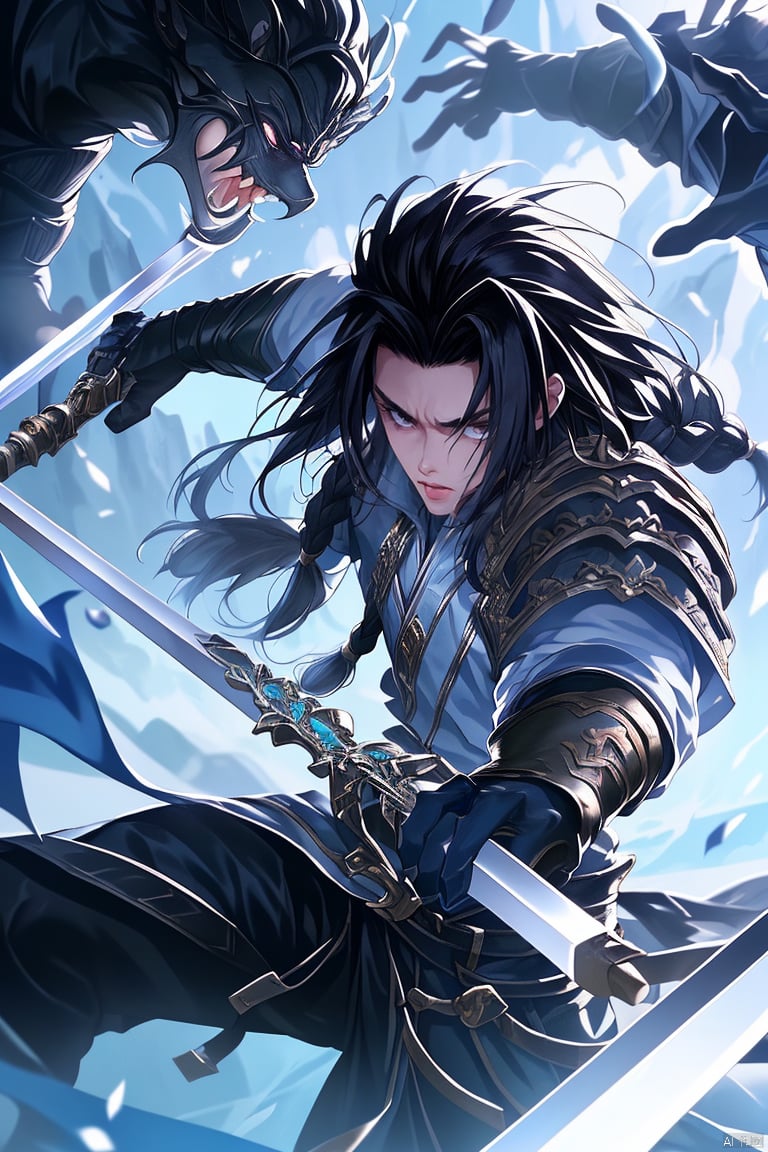 anan, weapon, long hair, sword, black hair, male focus, 1boy, holding weapon, holding, gloves, holding sword, braid, armor, black gloves, looking at viewer