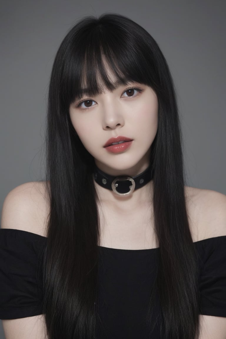 dal, photo, 
 1girl, solo, long hair, looking at viewer, bangs, simple background, black hair, bare shoulders, upper body, teeth, choker, blunt bangs, grey background, off shoulder, mole, black eyes, collar, lips, head tilt, makeup, lipstick, realistic, black lips,
masterpiece, best quality,very aesthetic, absurdres, k-pop,