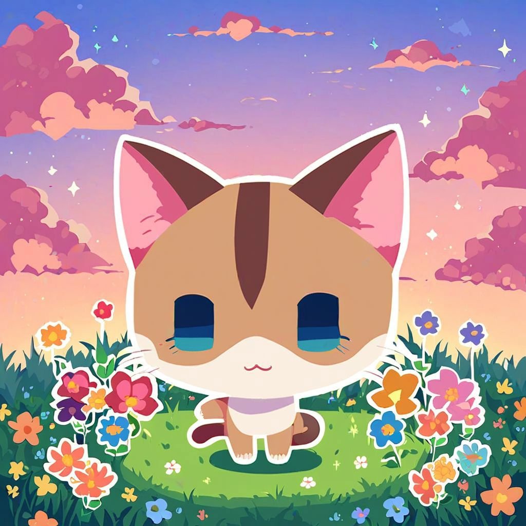 pppstyle, solo, score_9, score_8_up, score_7_up, chibi, cat, cute, no humans, grass, flowers, sky