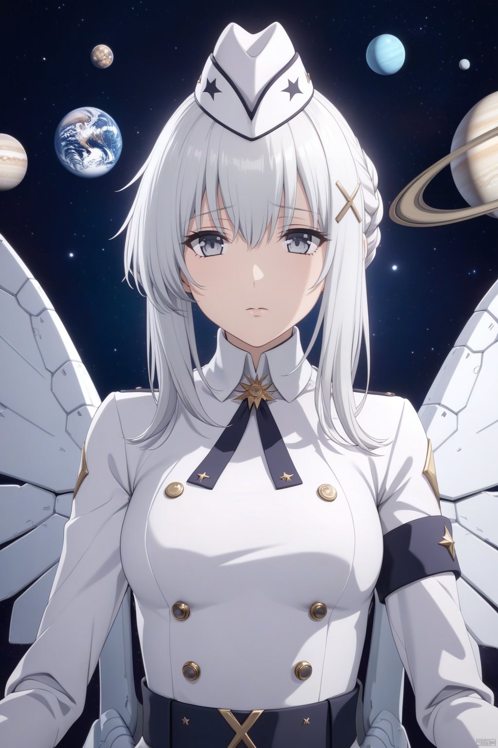 masterpiece, best quality, incredibly absurdress, highres, high detail eyes,1girl,solo,hair between eyes,blush,masterpiece,soft tender eyes,best quality,white hair,grey eyes,long hair,cosmos background,planets,cowboy shot,liv,wings,white coat,hat,pov