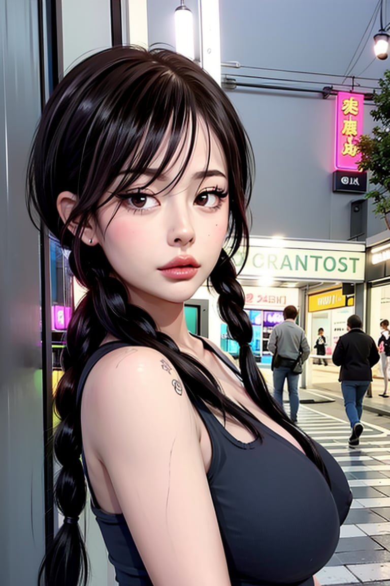  girl, sexy , city background, tiny_breasts, tiny tits, braided_hair,Masterpiece,masterpiece