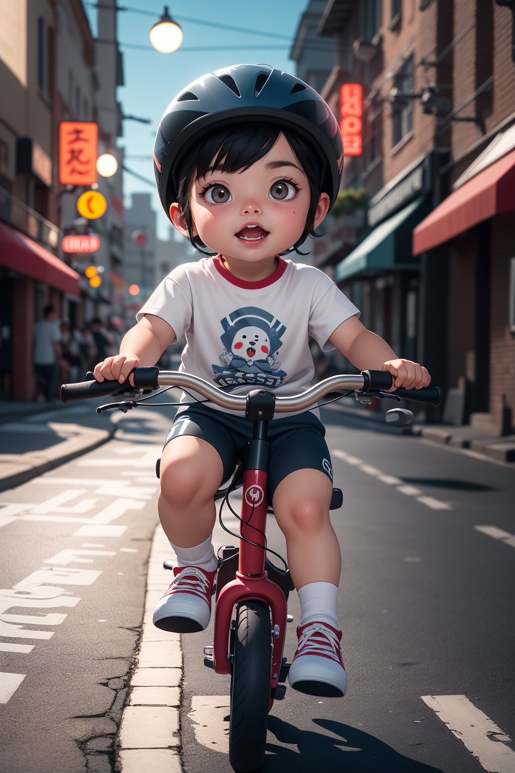 a chubby asian baby with short black hair,  wearing t-shirt with " GASS MAX " text, riding 3 wheels bikecycle, with helmet, on the street, trying to get by his mother,
 volumetric, cinematic lighting