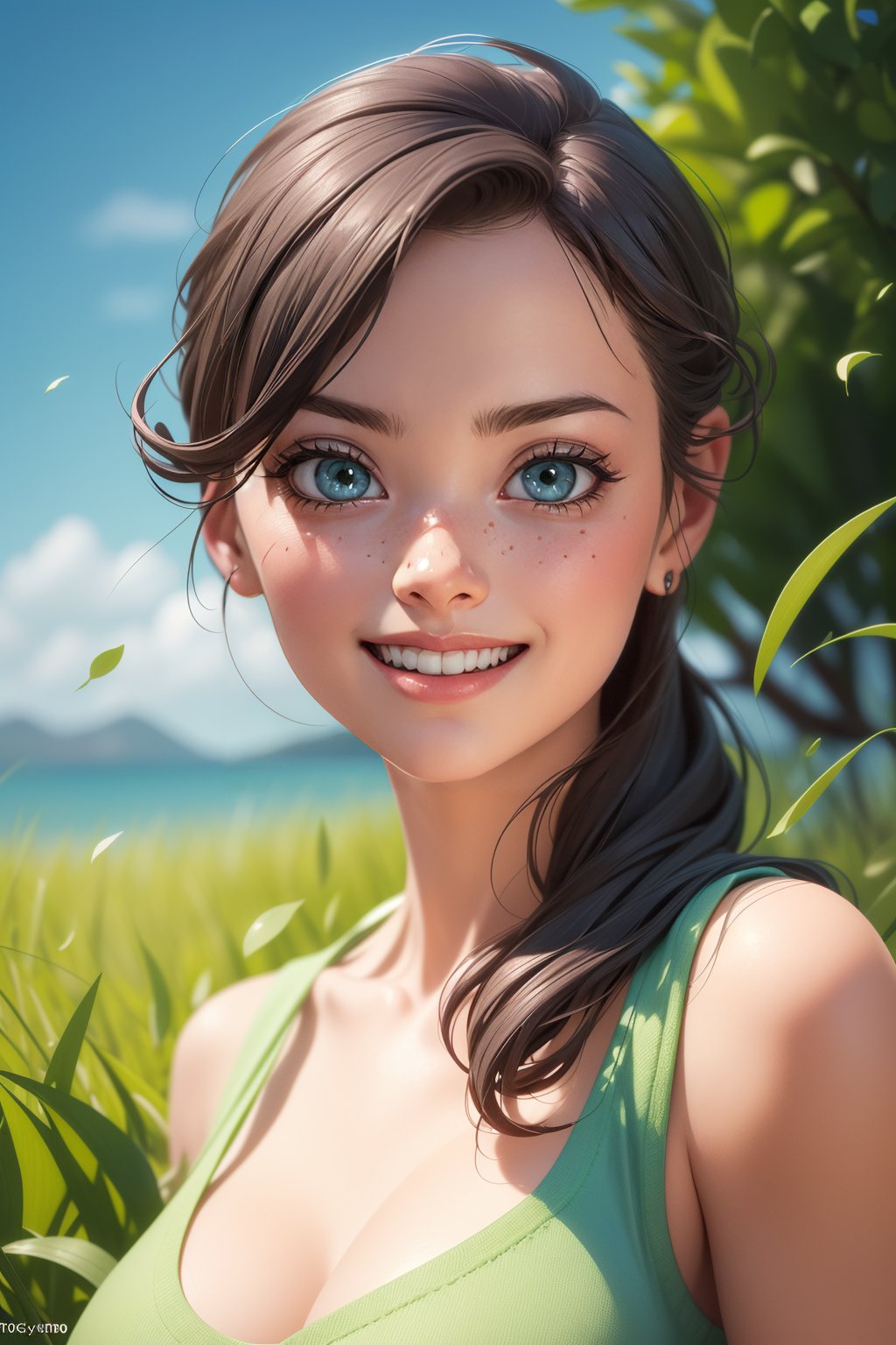 (best quality, 4k, 8k, highres, masterpiece:1.2), ultra-detailed, (realistic, photorealistic, photo-realistic:1.37), playful, cartoon, girl, cute smile, outdoor, 3d rendering, beautiful detailed eyes, beautiful detailed lips, extremely detailed eyes and face, longeyelashes, colourful, soft lighting, summer scenery, green grass, lively atmosphere