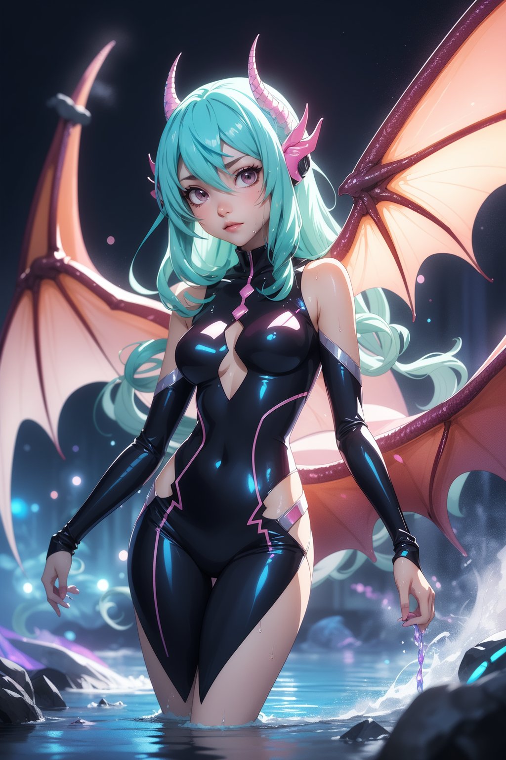 masterpiece, best quality, (Anime:1.4), pastel anime dragon girl, slime, wet look, shimmering lights, dragon in background, whirls of vapor, iridescent textures, dragon scales, dragon horns, dragon wings, translucent scales, soft neon pink light, ethereal ambiance, delicate details, magical atmosphere  