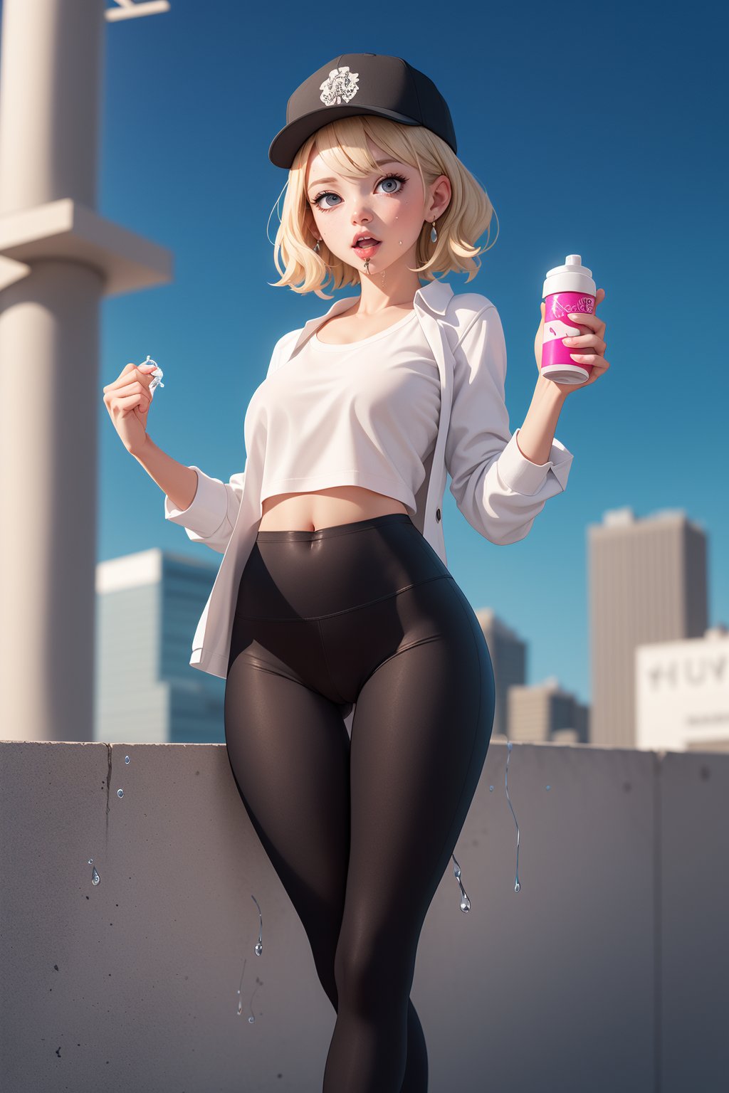 score_9, score_8_up, score_8. 1girl, white girl, young, pretty girl with short hair, blonde, medium breasts, cameltoe(puffy pussy), white socks, black leggings, see through leggings, transparent leggings, white shirt, pink classy jacket, black cap, pulling shirt up with mouth, biting shirt, breast_lift, vaginal gape, gape, open vagina, vaginal juices, pussy juices, pussy dripping, anal plug under leggings, city, looking at viewer, standing, soles, leg up, toes, liking feet