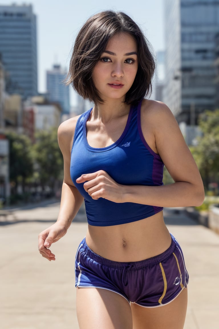 1girl, realistic photo of a 24 years old, (sports tank top, sports shorts), (short-hair:1.2), (small breasts:1.1), playful expression, (running pose:1.3), (characters are full of composition, perfect anatomy, flawless face, perfect eyes, expresive eyes, perfect female body, narrow waist, very attractive beauty), (8K, ultra-detailed, masterpiece, best quality, detailed, highly detailed, sharp focus, detailed face, face focus focus, realisitic,Photorealsitic, Highest Detail Face) , (medium shot:1.3), (wide angle), (look at viewer:1.3), look closely at the camera, (natural lighting:1.4), (professional lighting), best shadow, (warm color), ( city, simple background:1.4), (Safe for work:1.3),winda