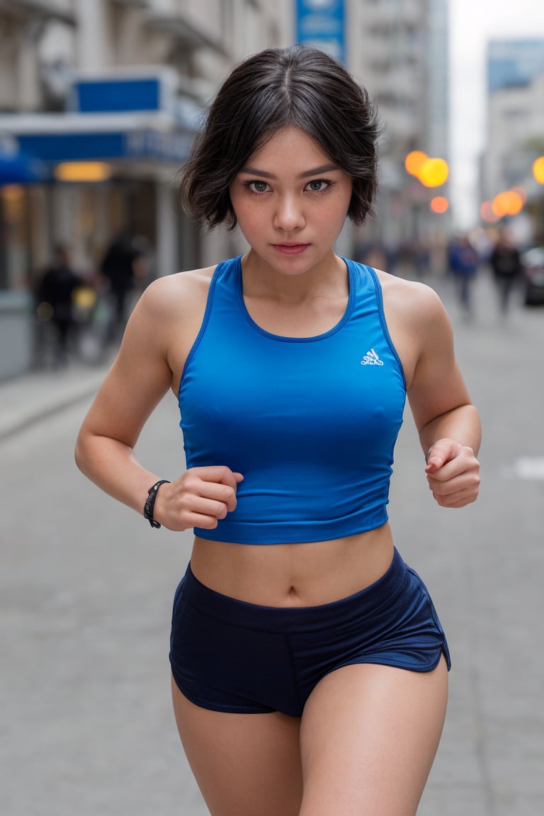 1girl, realistic photo of a 24 years old, (sports tank top, sports shorts), (short-hair:1.2), (small breasts:1.1), playful expression, (running pose:1.3), (characters are full of composition, perfect anatomy, flawless face, perfect eyes, expresive eyes, perfect female body, narrow waist, very attractive beauty), (8K, ultra-detailed, masterpiece, best quality, detailed, highly detailed, sharp focus, detailed face, face focus focus, realisitic,Photorealsitic, Highest Detail Face) , (medium shot:1.3), (wide angle), (look at viewer:1.3), look closely at the camera, (natural lighting:1.4), (professional lighting), best shadow, (warm color), ( city, simple background:1.4), (Safe for work:1.3),winda