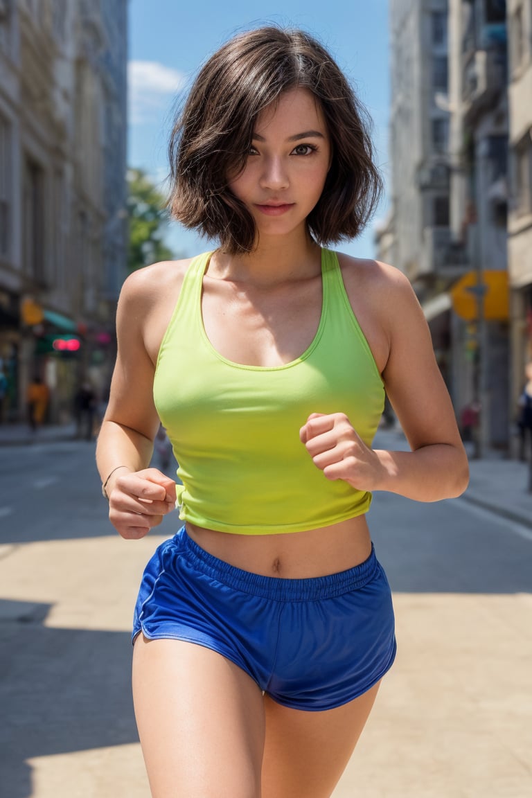 1girl, realistic photo of a 24 years old, (sports tank top, sports shorts), (short-hair:1.2), (small breasts:1.1), playful expression, (running pose:1.3), (characters are full of composition, perfect anatomy, flawless face, perfect eyes, expresive eyes, perfect female body, narrow waist, very attractive beauty), (8K, ultra-detailed, masterpiece, best quality, detailed, highly detailed, sharp focus, detailed face, face focus focus, realisitic,Photorealsitic, Highest Detail Face) , (medium shot:1.3), (wide angle), (look at viewer:1.3), look closely at the camera, (natural lighting:1.4), (professional lighting), best shadow, (warm color), ( city, simple background:1.4), (Safe for work:1.3),winda