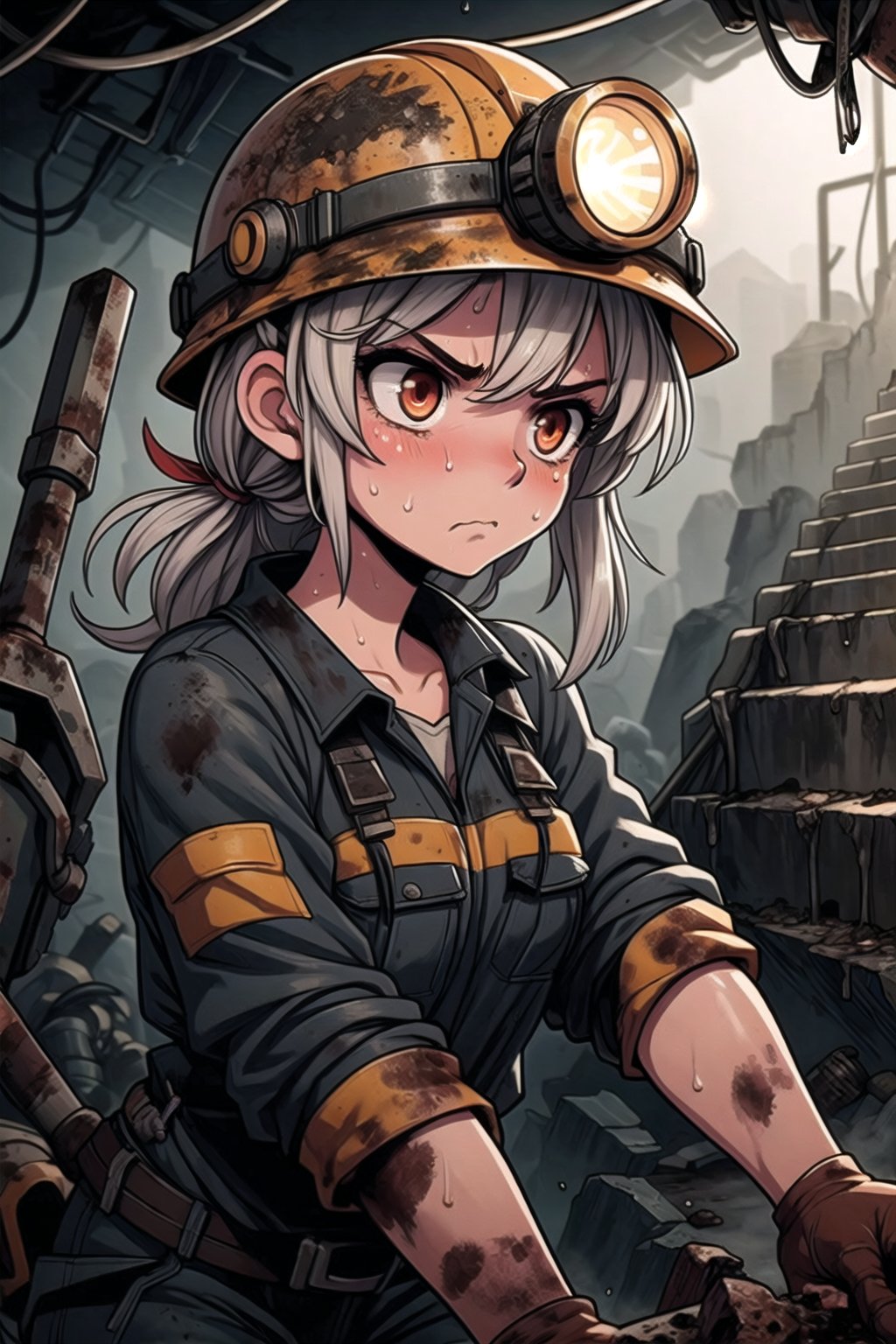 girl, angry,close up, miner, shovel, rugged attire, worn-out clothing, dusty environment, underground tunnels, dim lighting, sweat and dirt, determined expression, mining equipment, gritty atmosphere, hardworking demeanor, industrial setting, unkempt hair, sleeves rolled up.,MiNr,helmet,