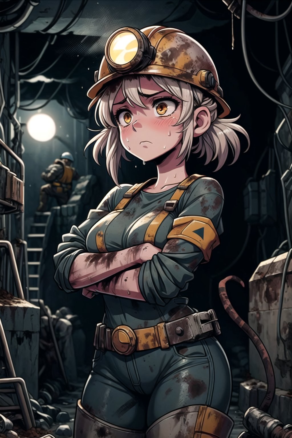 girl, miner, pale, rugged attire, worn-out clothing, dusty environment, underground tunnels, dim lighting, sweat and dirt, determined expression, heavy tools, mining equipment, rugged boots, gritty atmosphere, hardworking demeanor, industrial setting, unkempt hair, sleeves rolled up.,MiNr,helmet,