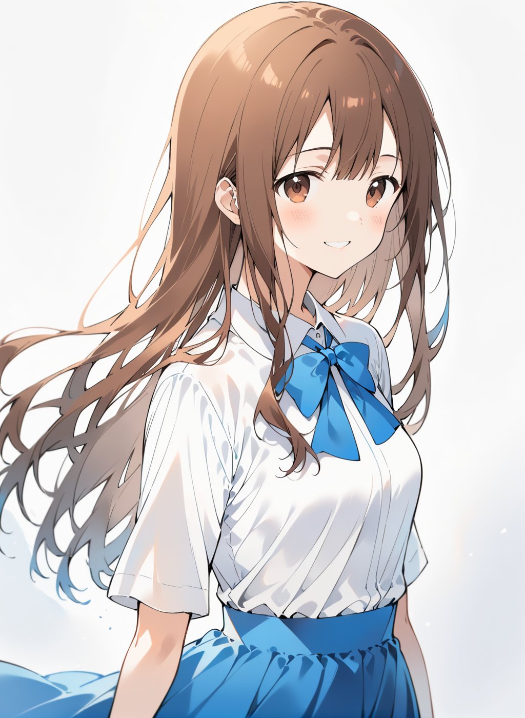 1girl,brown hair,long hair,white shirts,blue bow,blue skirt,smile,small,look at viewer,