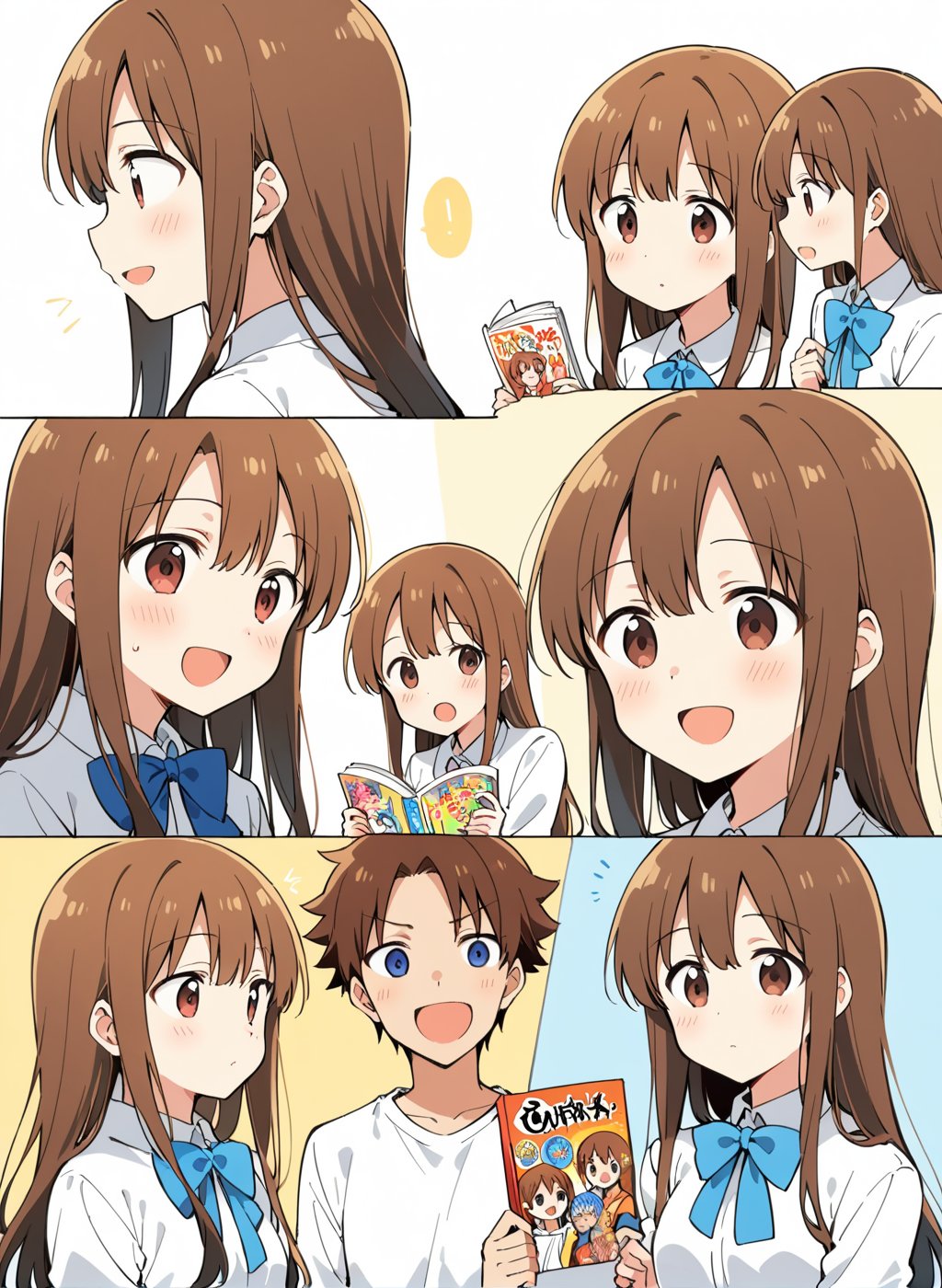 multiple face,enjoy,manga,9,8,7,6,5,4,(anime),1girl,
brown hair,long hair,white shirts,blue bow,small,