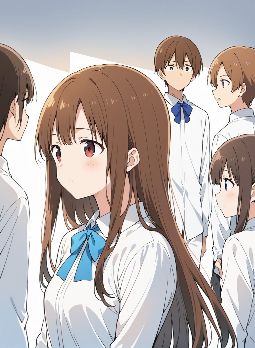 9,8,7,6,5,4,(anime),1girl,
brown hair,long hair,white shirts,blue bow,small,