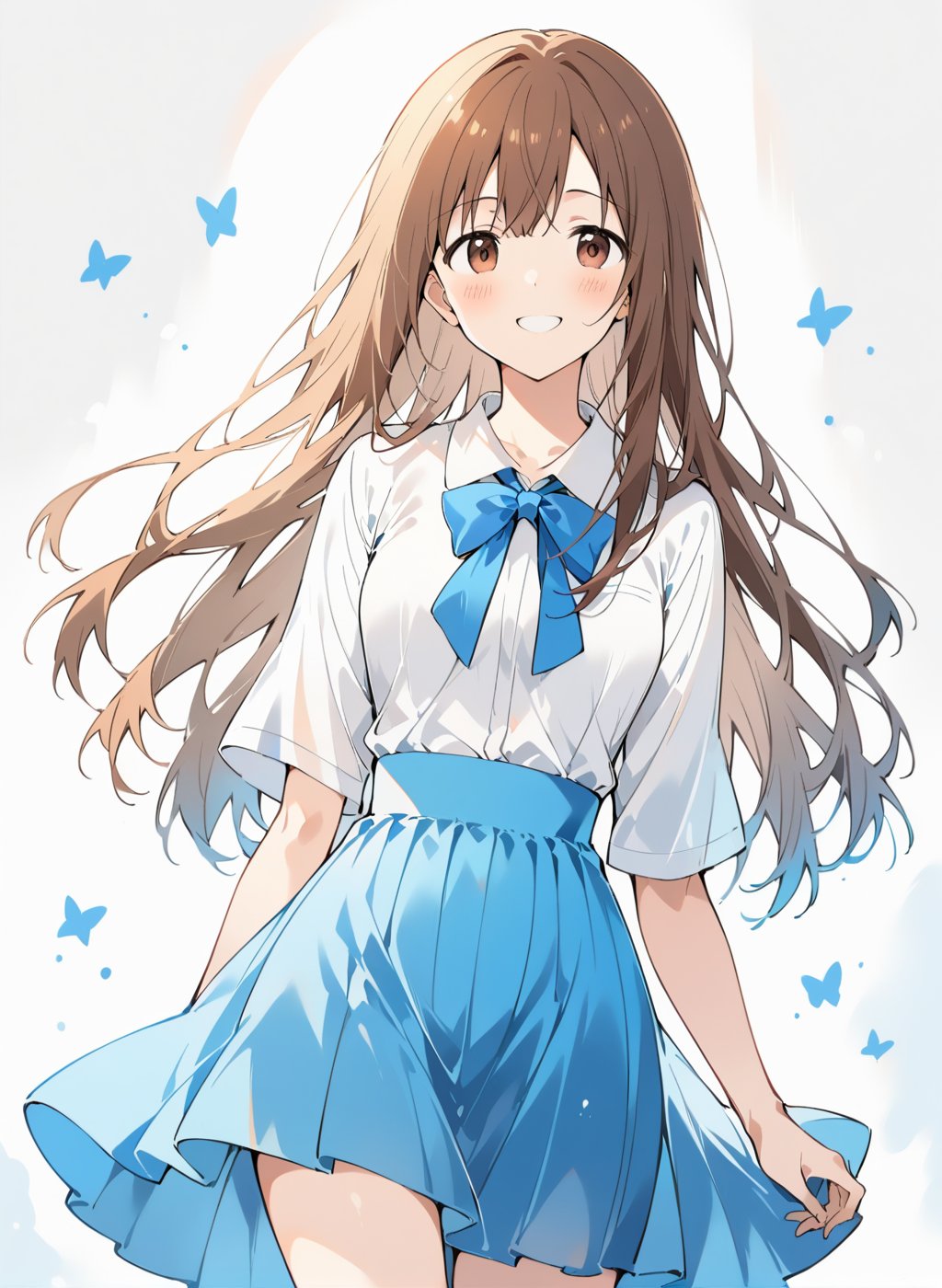 1girl,brown hair,long hair,white shirts,blue bow,blue skirt,smile,small,look at viewer,