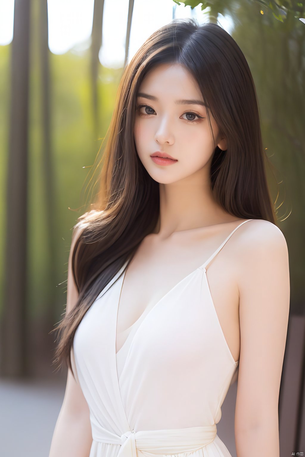 Best quality, masterpiece, ultra high res, Outdoor,(photorealistic:1.4), a girl,Depth of field, soft shadows, hazy glow, painterly effect,A clear face,Black hair, long hair, straight hair, white clothes,Amazing beauty,collarbone, slender waist，Sling dresses, sleeveless, tight clothes,