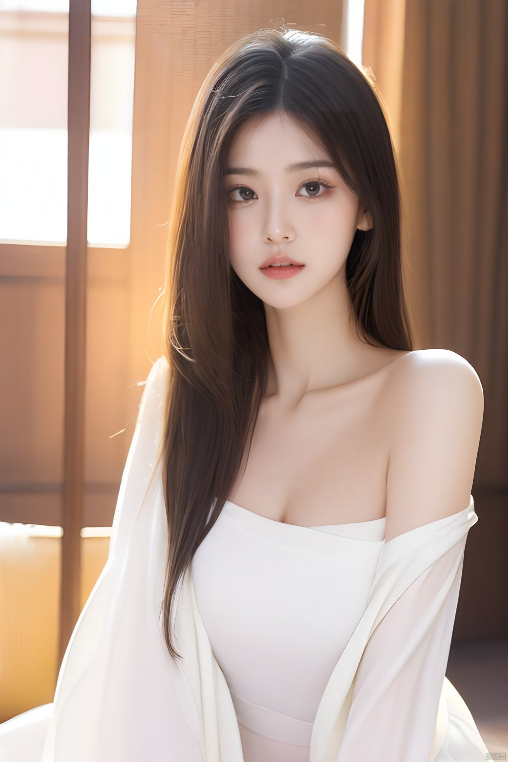  Best quality, masterpiece, ultra high res, (photorealistic:1.2), a girl,Depth of field, golden hour, (rim lighting:1.1), soft shadows, vibrant colors, hazy glow, painterly effect, dreamy atmosphere,A clear face,Black hair, long hair, straight hair, white clothes,Perfect facial features,Amazing beauty,collarbone, slender waist,Half-length photo,