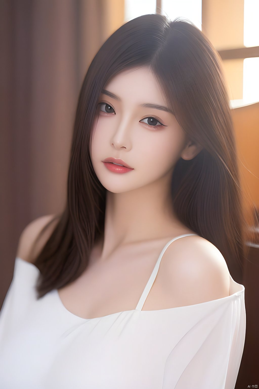  Best quality, masterpiece, ultra high res, (photorealistic:1.2), a girl,Depth of field, golden hour, (rim lighting:1.1), soft shadows, vibrant colors, hazy glow, painterly effect, dreamy atmosphere,A clear face,Black hair, long hair, straight hair, white clothes,Medium-sized *******,Perfect facial features,Amazing beauty,collarbone, ********, slender waist,Half-length photo, Light master