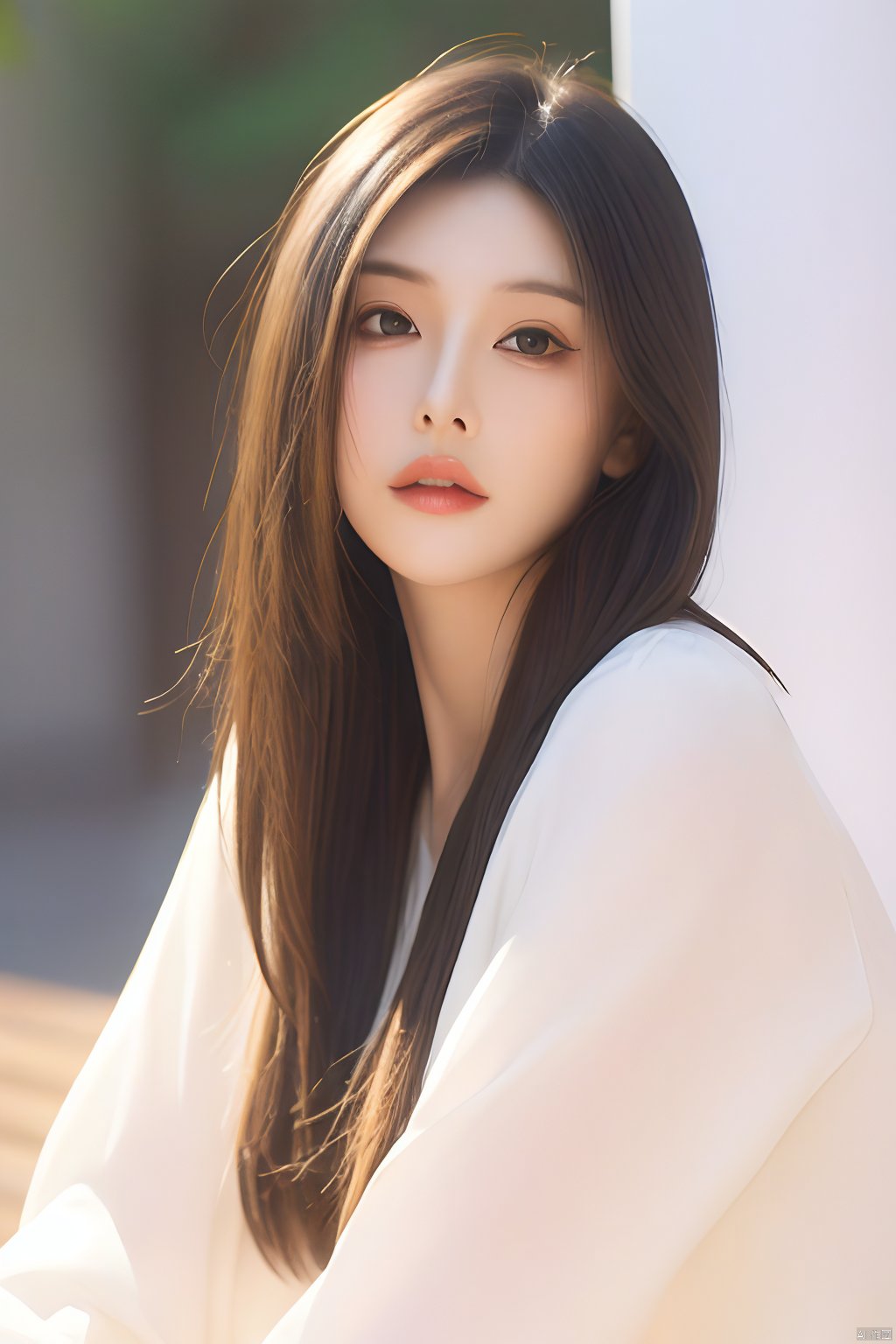  Best quality, masterpiece, ultra high res, (photorealistic:1.2), a girl,Depth of field, golden hour, (rim lighting:1.1), soft shadows, vibrant colors, hazy glow, painterly effect, dreamy atmosphere,A clear face,Black hair, long hair, straight hair, white clothes,Perfect facial features,Amazing beauty,