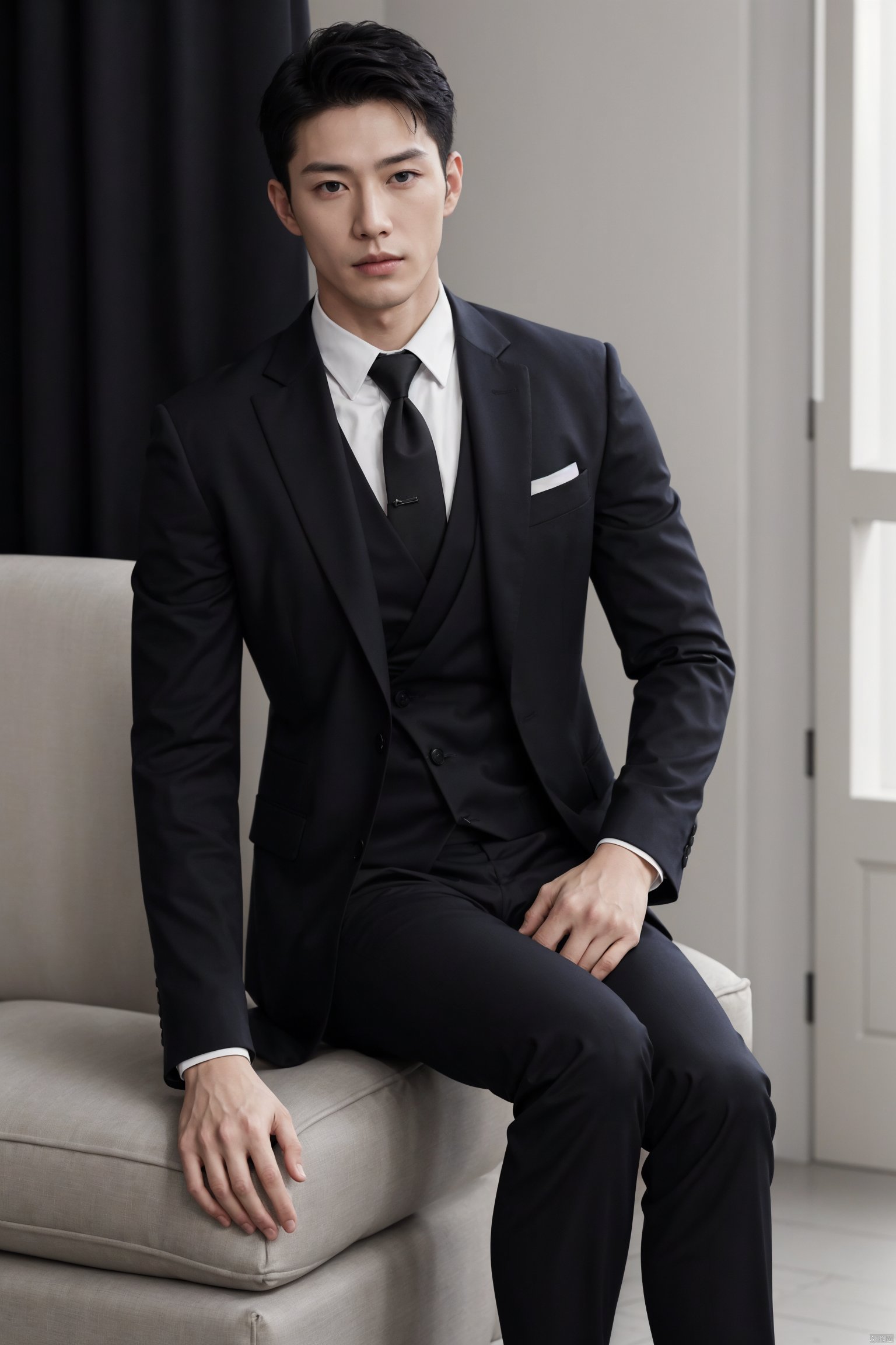  1man,Asian,solo,male focus,exquisite facial features,handsome,muscular,Confident Dressing,exquisite facial features,handsome,deep eyes,muscular,formal suit,shirt,necktie,pants,Tailored Fit,Quality Fabrics,graceful yet melancholic posture,masterpiece,realistic,best quality,highly detailed,blurry, jzns